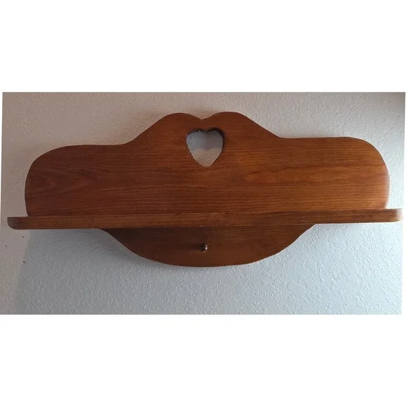 Vintage Rustic Pine Wood Wall Shelf with Heart Cutout and Single Peg Brown - Picture 10 of 11